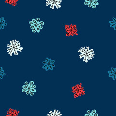 Seamless pattern with colored snowflakes on deep blue background. Winter, Christmas, New Year concept. For gift wrap and other surface design projects