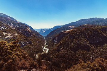 Overview of Yosemite Valley with forest and mountains