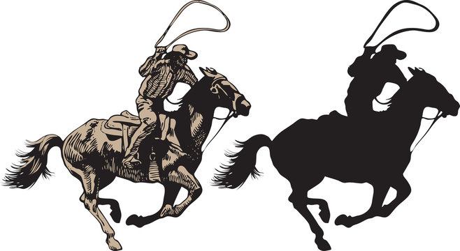  cowboy riding a wild horse mustang rounding a kicking horse on a rodeo graphic sketch sketching graphics