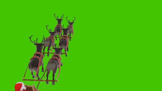 Santa Claus is flying on a Christmas sleigh with reindeer. Animation in front of a green screen.