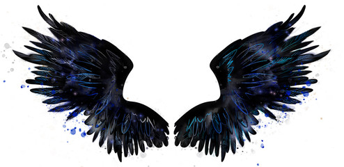Beautiful black magic raven wings watercolor drawing