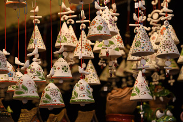 Florence, December 2019: Handmade Christmas decorations at Christmas market in Piazza Santa Croce in the centre of Florence City. Italy