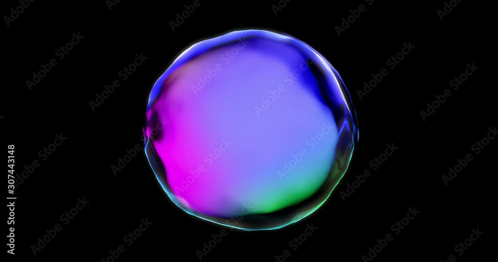Poster Soap bubble with iridescent chromatic surface transparent isolated on black background. Pink and blue color gradient water drop and soap bubble sphere