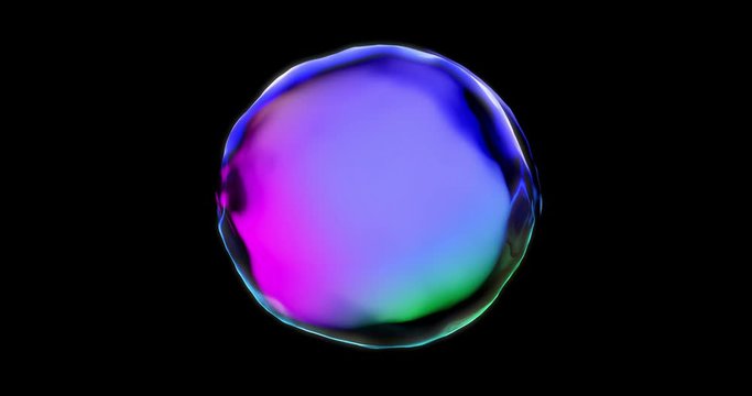 Soap bubble with iridescent chromatic surface transparent isolated on black background. Pink and blue color gradient water drop and soap bubble sphere