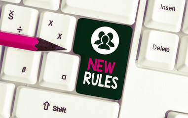 Text sign showing New Rules. Business photo text A state of changing an iplemented policy for better upgrade White pc keyboard with empty note paper above white background key copy space