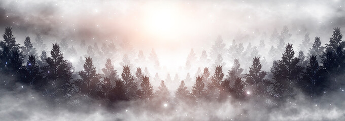 Winter abstract landscape. Sunlight in the winter forest. 