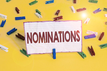 Conceptual hand writing showing Nominations. Concept meaning the act of officially suggesting...