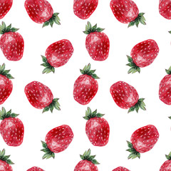 Watercolor seamless pattern with ripe strawberries