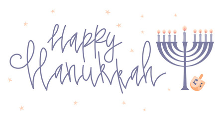 Happy Hanukkah greeting card template with handwritten lettering, menorah and dreidel. Hand drawn flat vector illustration.