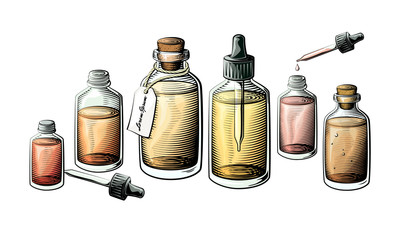 Small extracts, essential oil or medicine bottle set. Bottles filled with liquid vector illustration.