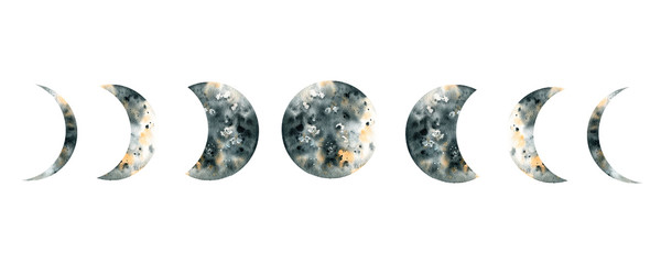 Watercolor moon phases isolated on white background.