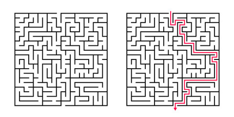 Vector Square Maze - Labyrinth with Included Solution in Balck & Red. Funny & Educational Mind Game for Coordination, Problems Solving, Decision Making Skills Test.