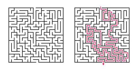 Vector Square Maze - Labyrinth with Included Solution in Balck & Red. Funny & Educational Mind Game for Coordination, Problems Solving, Decision Making Skills Test.