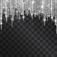 Luxurious silver white glittering tinsel frame with shining confetti. Glowing lacy decorative garland, expensive festive concept. Curtains metallic glow arch for invitation posters, party flyers.