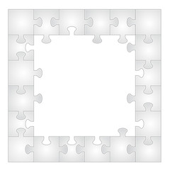 Puzzle paper vector frame. White pieces for infographic illustrations, business concepts, infocharts, teamwork difficulties. Squares with jigsaws, connecting elements. Brochure, posters, banner decor.