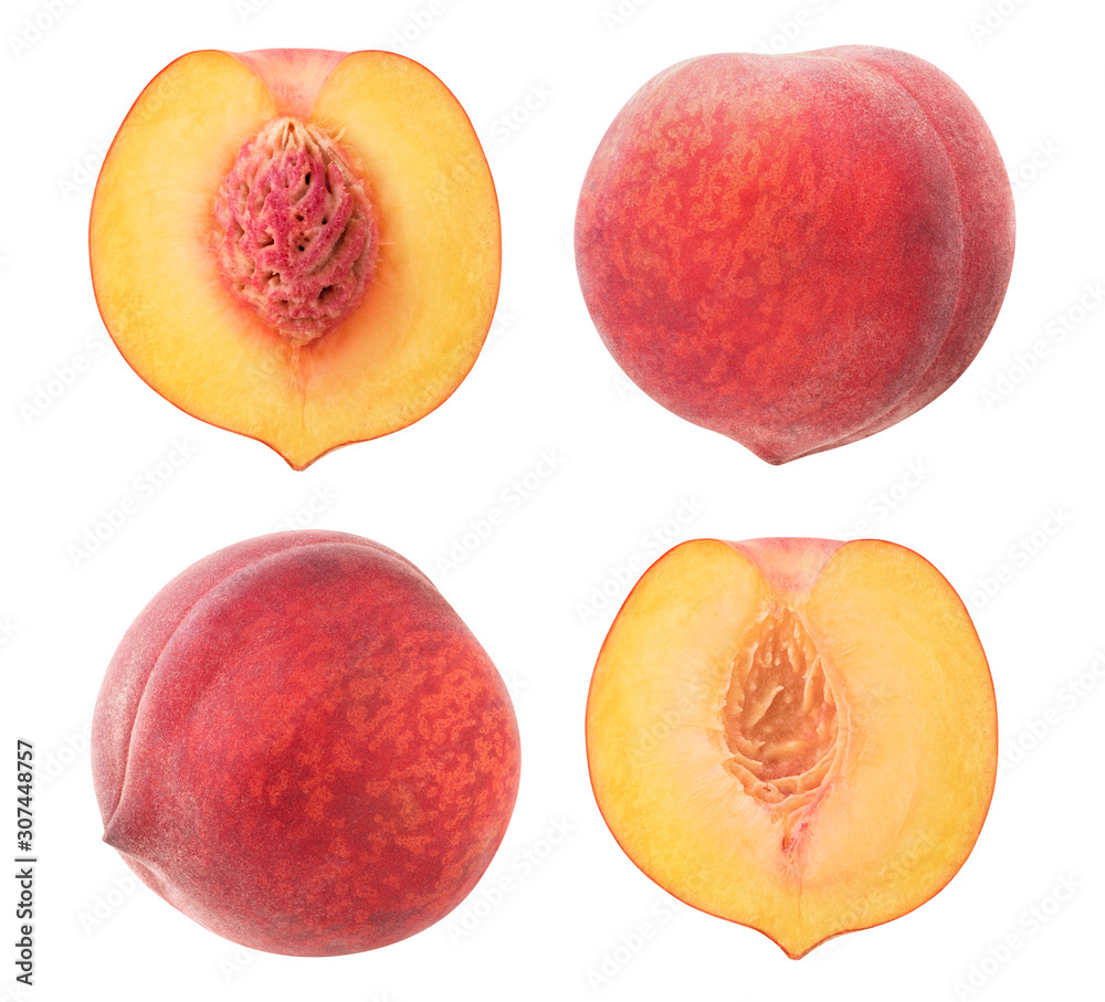 Poster isolated peach collection. Whole fruits and halves isolated on white background with clipping path