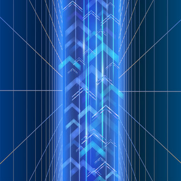 Disco Walls, Digital Arrow Stream With  Blue Neon Halo Illumination, Futuristic Style Light Effect Perspective. Party, Business Poster With Strobing Laser Grid. Three Dimensional Banner. Sci Fi Mesh.