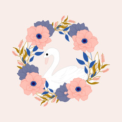 vector illustration with beautiful swan and flower wreath