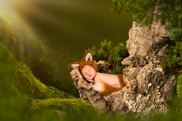 Baby fox in hollow tree