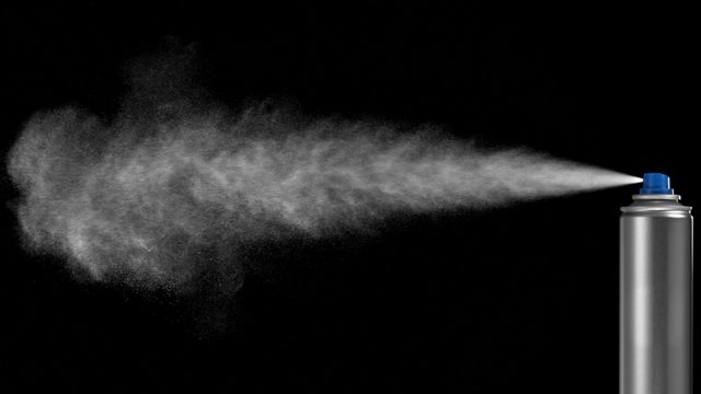 VFX plate photo of spray can with blast on black background, fountain of vaporized foam particles