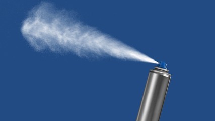 VFX plate photo of spray can with blast on blue background, fountain of vaporized foam particles