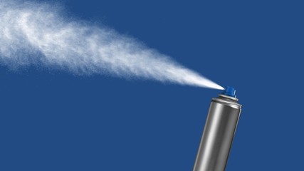 VFX plate photo of spray can with blast on blue background, fountain of vaporized foam particles