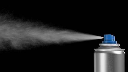 VFX plate photo of spray can with blast on black background, fountain of vaporized foam particles