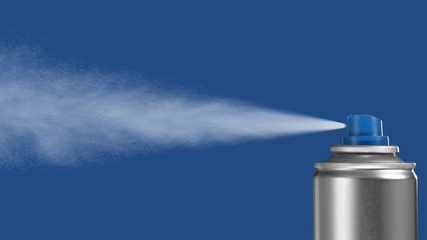 VFX plate photo of spray can with blast on blue background, fountain of vaporized foam particles - obrazy, fototapety, plakaty