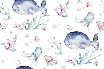 Wallpaper murals Sea animals Sea animals blue watercolor ocean seamless pettern fish, turtle, whale and coral. Shell aquarium background. Nautical starfish marine illustration