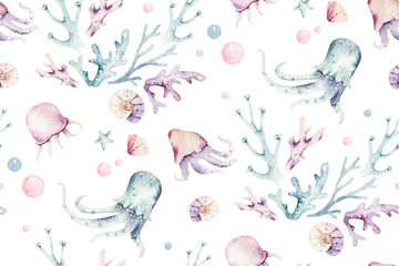 Behang Zeedieren blauwe aquarel oceaan naadloze pettern vis, schildpad, walvis en koraal. Shell aquarium achtergrond. Nautische zeester mariene illustratie © kris_art