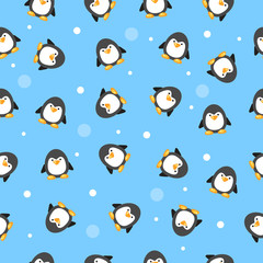 Vector seamless pattern with cute little penguins. Cartoon holiday blue background. Cute Xmas wrapping paper. Bright winter illustration.
