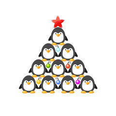 Vector New Year tree from cute little penguins, christmas balls and a star above. Strange Xmas tree. Cartoon winter card. Funny animal illustration.