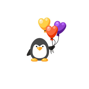 Vector black penguin with three balloons in the shape of hearts. Cute animal. Bright cartoon love character. Greeting card for the Saint Valentines Day. 