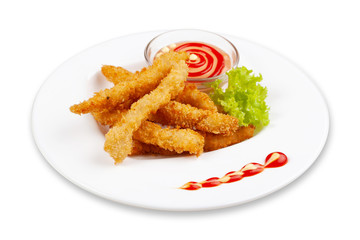 Chicken nuggets with sauce on a white plate