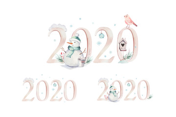 Watercolor Merry Christmas illustration with snowman, holiday cute animals deer, rabbit. 2020 Christmas celebration cards. Winter new year design.