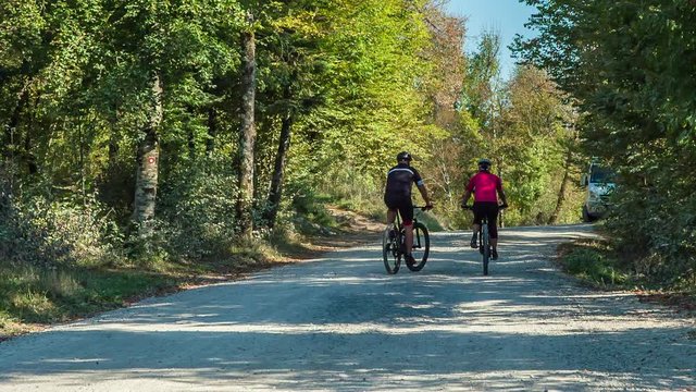 Two people are relaxed and are riding their bicycles uphill. The weather is really nice, too.