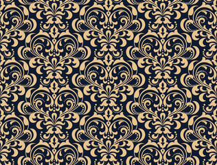 Wallpaper in the style of Baroque. Seamless vector background. Dark blue and gold floral ornament. Graphic pattern for fabric, wallpaper, packaging. Ornate Damask flower ornament