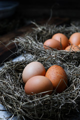 Chicken eggs in wicker nests in chicken coop top view. Natural organic eggs in the hay. Fresh chicken eggs.