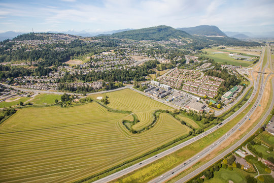 Aerial view of highway 1 and Sumas Mountain, Abbotsford, B.C.