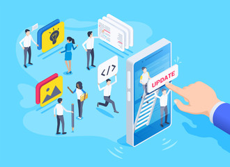isometric vector image on a blue background, a team of people working on the development of updates for a mobile application, a male hand clicks on the smartphone screen