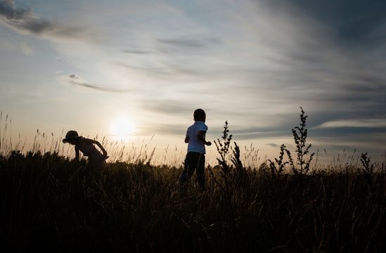 silhouette of brother and sister playing in a meadow at sunset