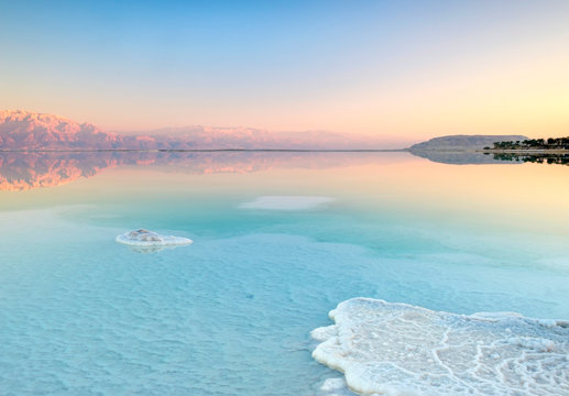Salt deposits in the Dead Sea at sunset, Ein Bokek, Israel