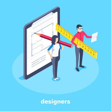 isometric vector image on a blue background, a woman with a pencil and a man with a ruler stand near a tablet with a drawing, designers or gauges