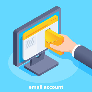 isometric vector image on a blue background, a male hand inserts an envelope with a letter in a browser window on a computer screen, email account