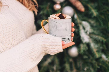  Woman holding mug with hot chocolate and whipped cream, christmas decoration on background © annanahabed