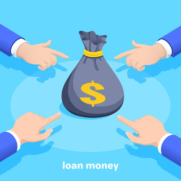 isometric vector image on a blue background, male hands point to a bag of money, offer of financial assistance or a loan