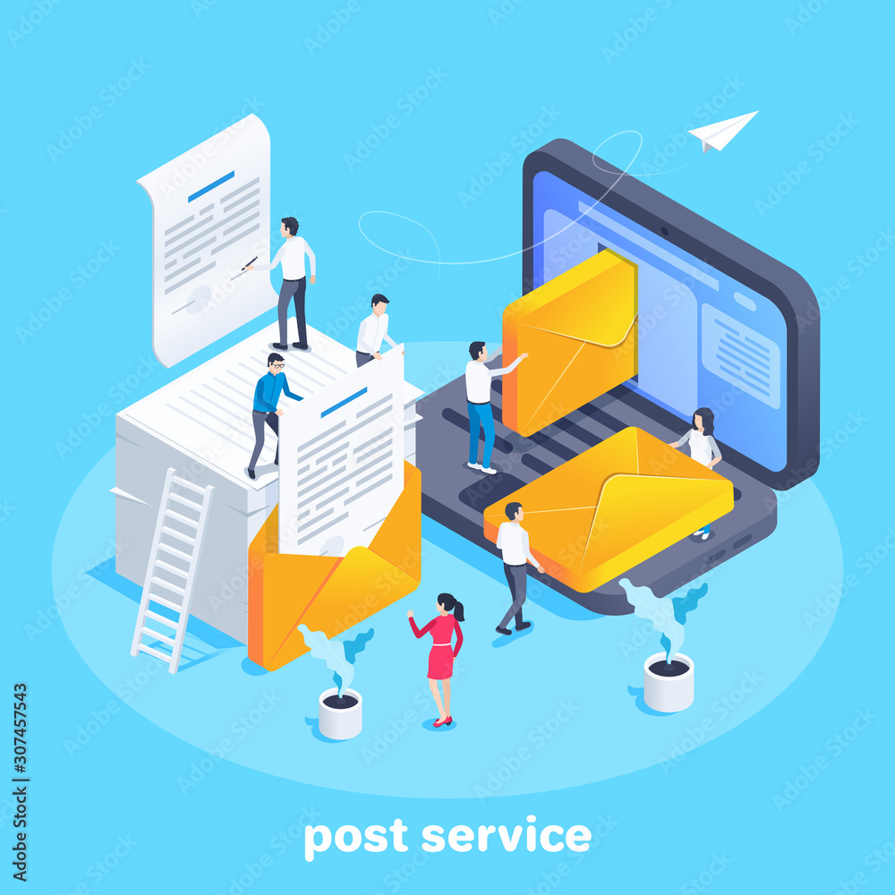 Wall mural isometric vector image on a blue background, people send documents in envelopes by email, postal service and mail workers