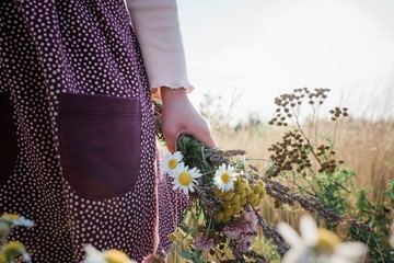 young girls hand holding wildflowers in a meadow at sunset in summer
