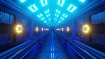 Futuristic hexagonal tunnel in a spacecraft with a spacewalk. Soft yellow-blue light, lamps on the walls of the corridor. 3d rendering.