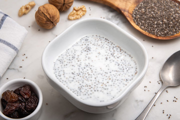Chia pudding on marble table. Super food